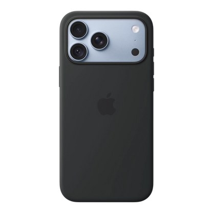iPhone 18 Pro Max Silicone Case with MagSafe - Black, back view on iPhone 18 Pro Max in glacier
