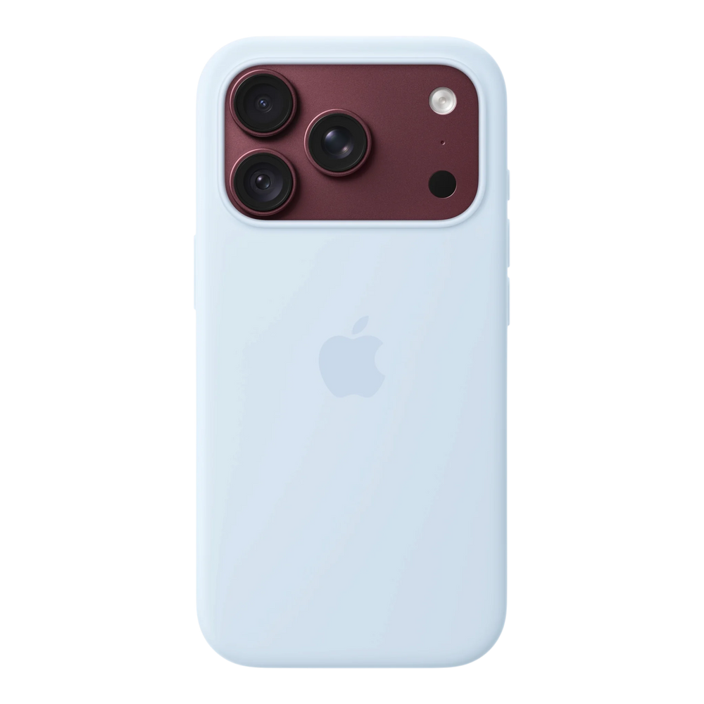 iPhone 18 Pro Silicone Case with MagSafe - Crisp Blue, back view on iPhone 18 Pro in burgundy