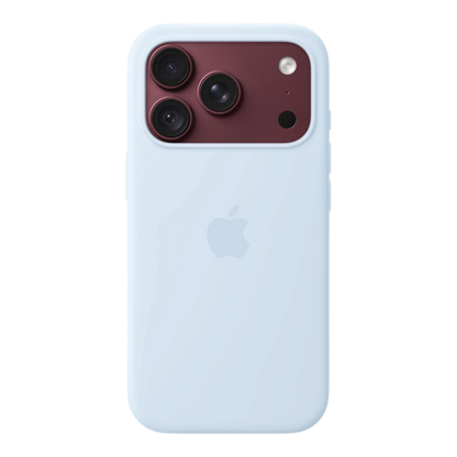 iPhone 18 Pro Silicone Case with MagSafe - Crisp Blue, back view on iPhone 18 Pro in burgundy