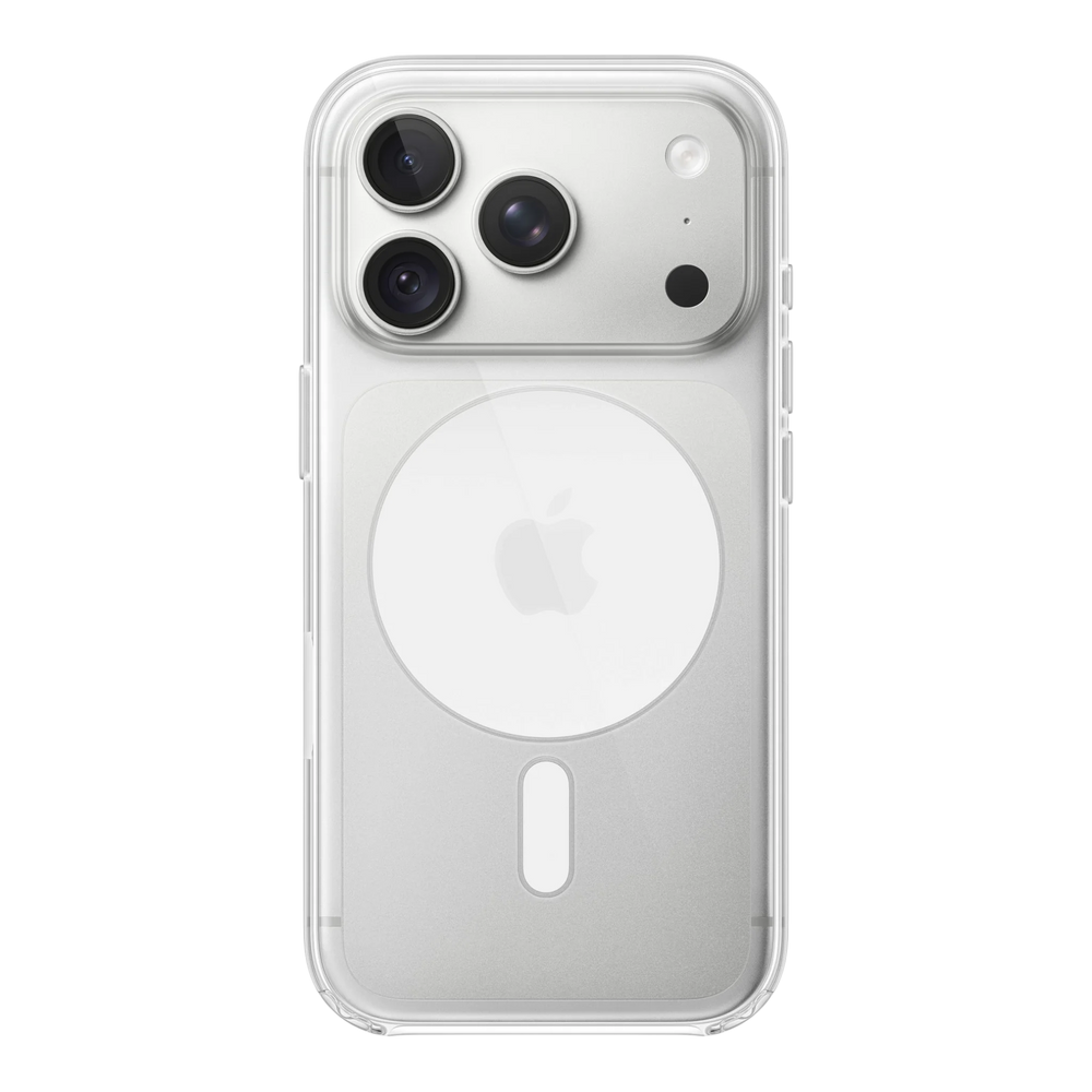 iPhone 18 Pro Clear Case with MagSafe, back view on iPhone 18 Pro in silver