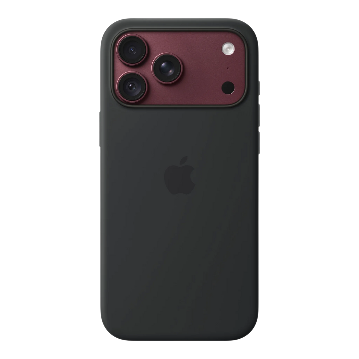 iPhone 18 Pro Max Silicone Case with MagSafe - Black, back view on iPhone 18 Pro Max in burgundy