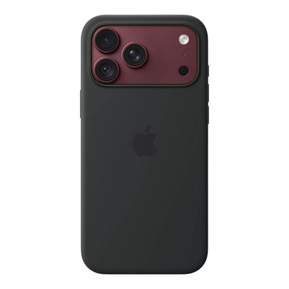 iPhone 18 Pro Max Silicone Case with MagSafe - Black, back view on iPhone 18 Pro Max in burgundy