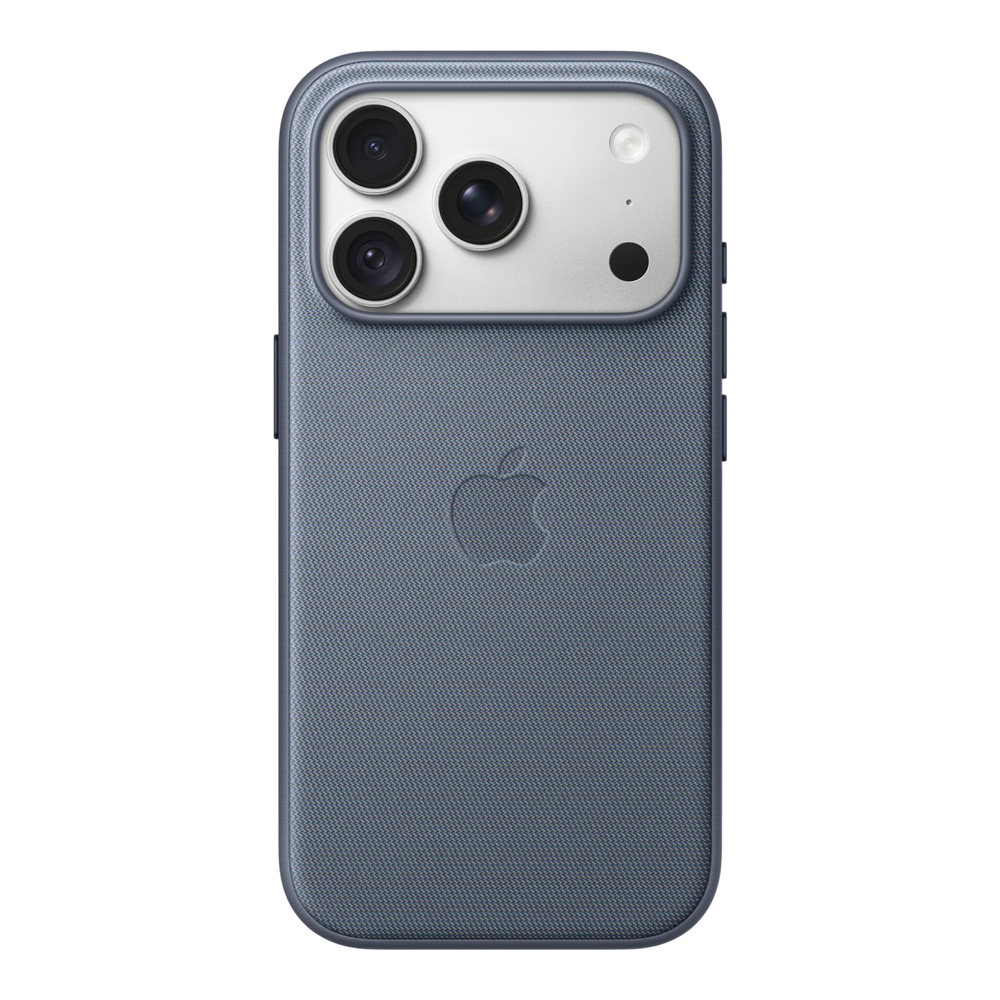 iPhone 18 Pro TechWoven Case with MagSafe – Chambray Blue, back view on iPhone 18 Pro in silver