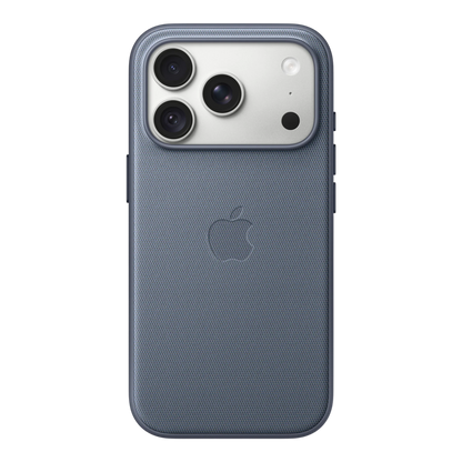 iPhone 18 Pro TechWoven Case with MagSafe – Chambray Blue, back view on iPhone 18 Pro in silver