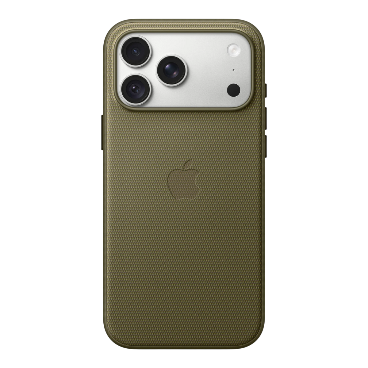iPhone 18 Pro Max TechWoven Case with MagSafe – Olive, back view on iPhone 18 Pro Max in silver