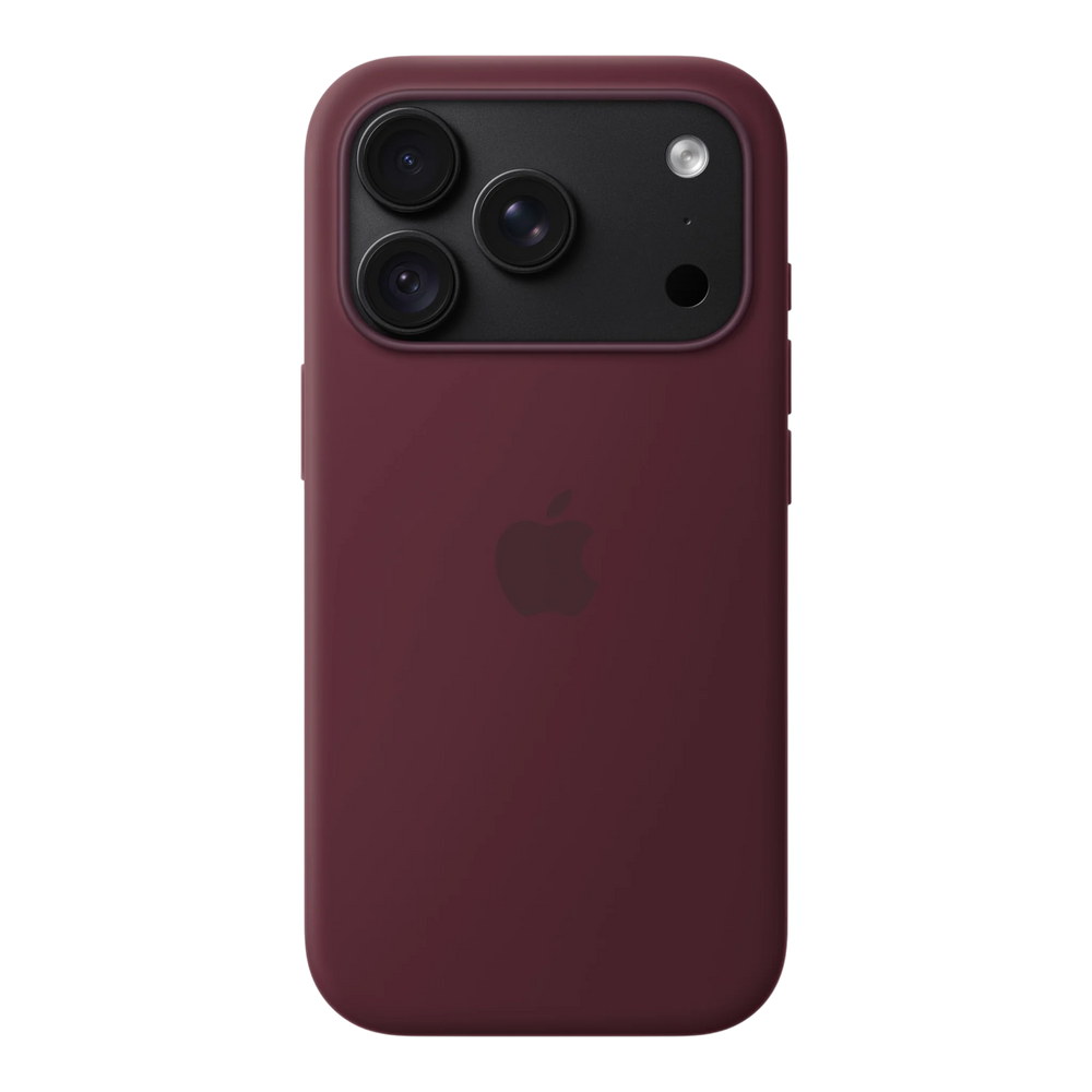 iPhone 18 Pro Silicone Case with MagSafe - Burgundy, back view on iPhone 18 Pro in black