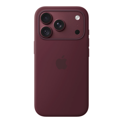 iPhone 18 Pro Silicone Case with MagSafe - Burgundy, back view on iPhone 18 Pro in burgundy