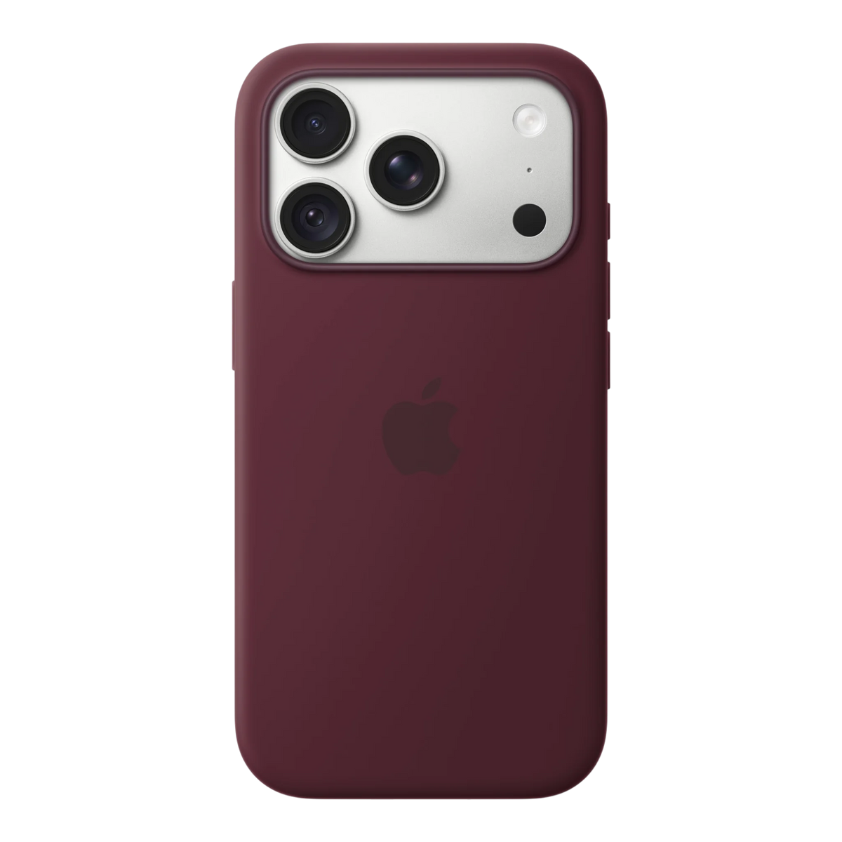 iPhone 18 Pro Silicone Case with MagSafe - Burgundy, back view on iPhone 18 Pro in silver