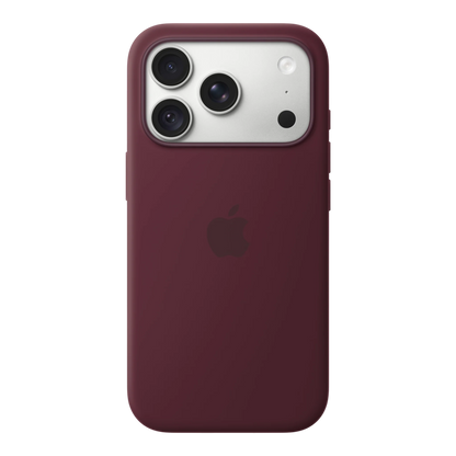 iPhone 18 Pro Silicone Case with MagSafe - Burgundy, back view on iPhone 18 Pro in silver
