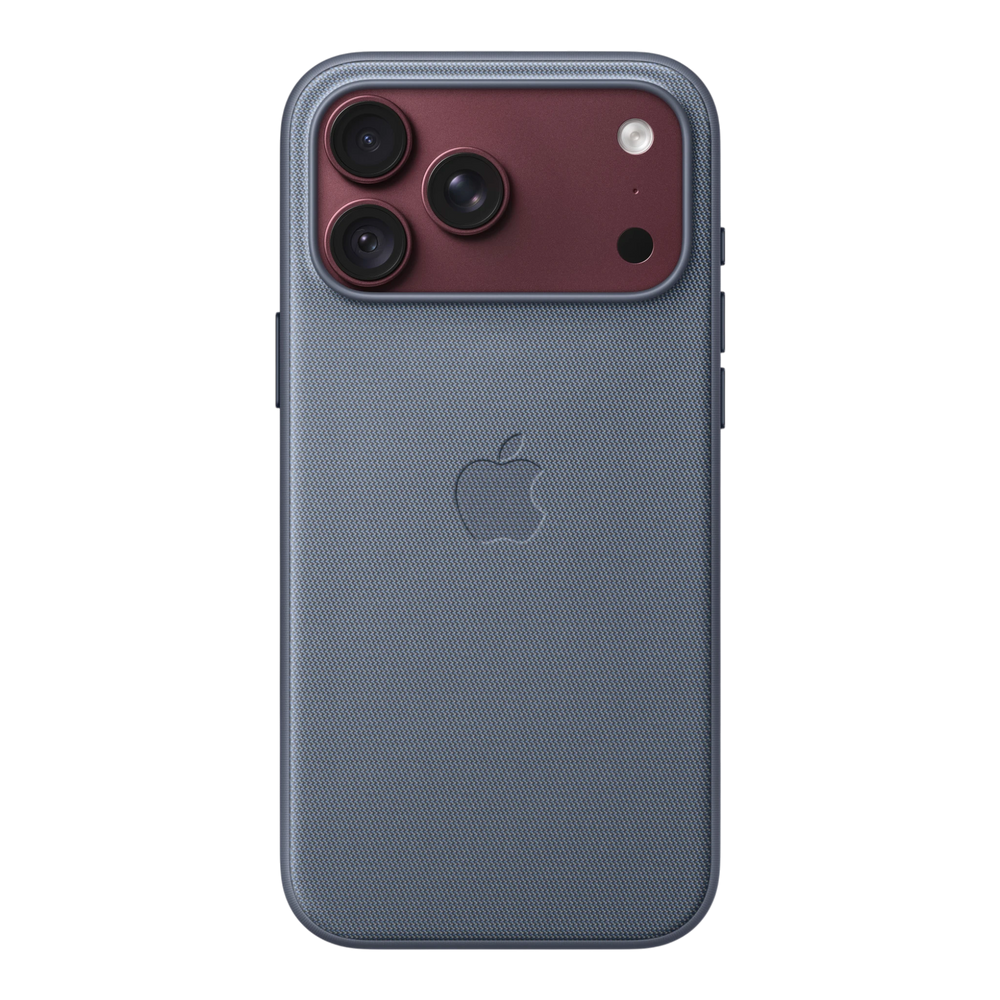 iPhone 18 Pro Max TechWoven Case with MagSafe – Chambray Blue, back view on iPhone 18 Pro Max in burgundy