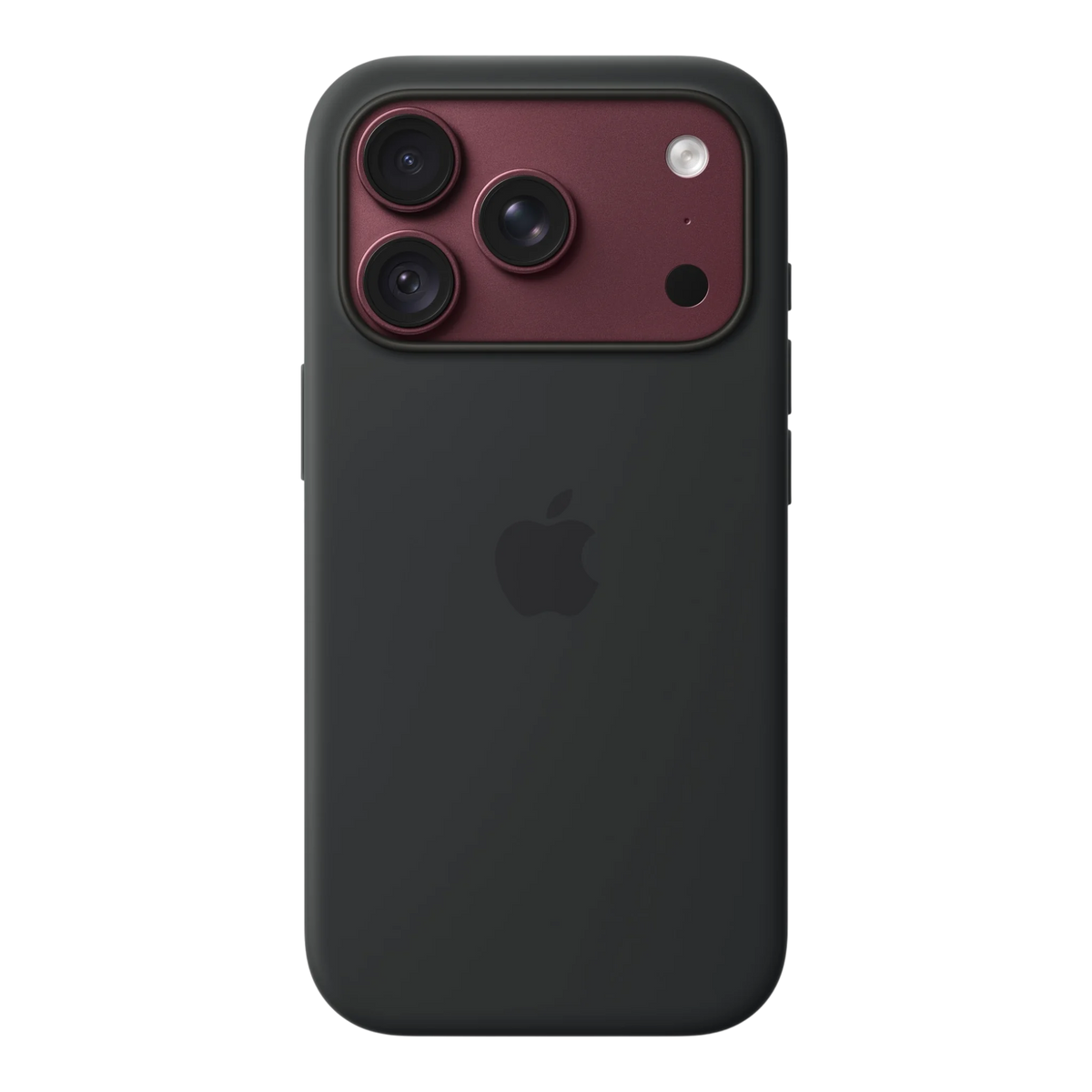 iPhone 18 Pro Silicone Case with MagSafe - Black, back view on iPhone 18 Pro in burgundy