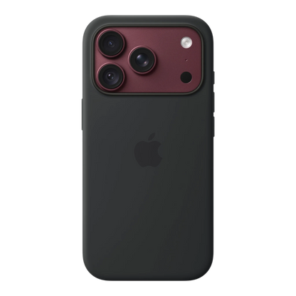 iPhone 18 Pro Silicone Case with MagSafe - Black, back view on iPhone 18 Pro in burgundy