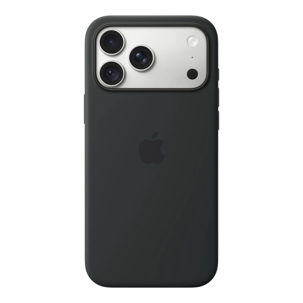 iPhone 18 Pro Max Silicone Case with MagSafe - Black, back view on iPhone 18 Pro Max in silver