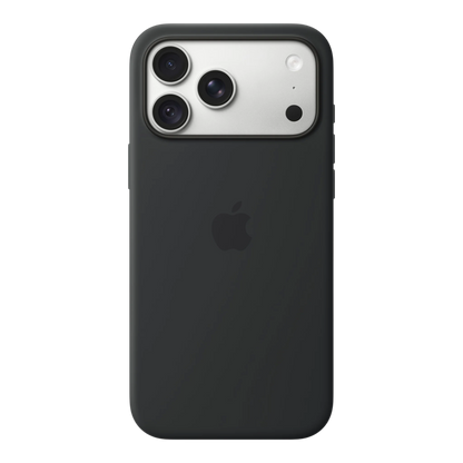 iPhone 18 Pro Max Silicone Case with MagSafe - Black, back view on iPhone 18 Pro Max in silver