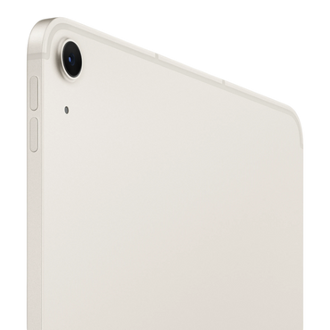 iPad Air back view in Starlight finish, showcasing camera and sleek design features.