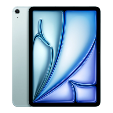 iPad Air in Space Blue, showcasing the front display with a sleek design and vibrant blue interface.