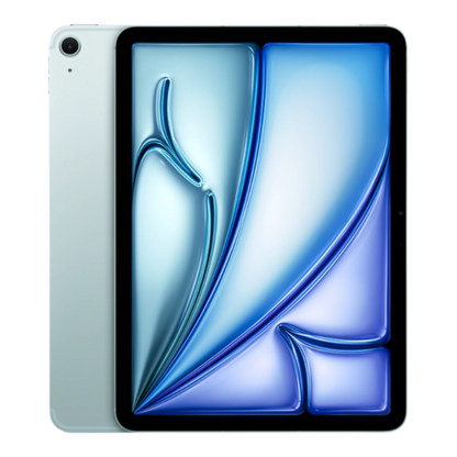 iPad Air in Space Blue, showcasing the front display with a sleek design and vibrant blue interface.
