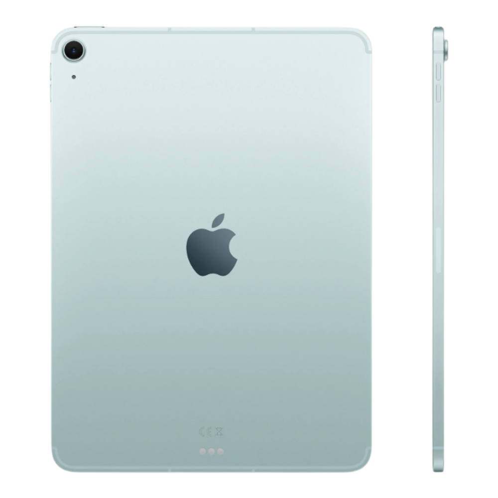 Apple iPad Air in blue, displaying rear and side view with logo and ports visible.