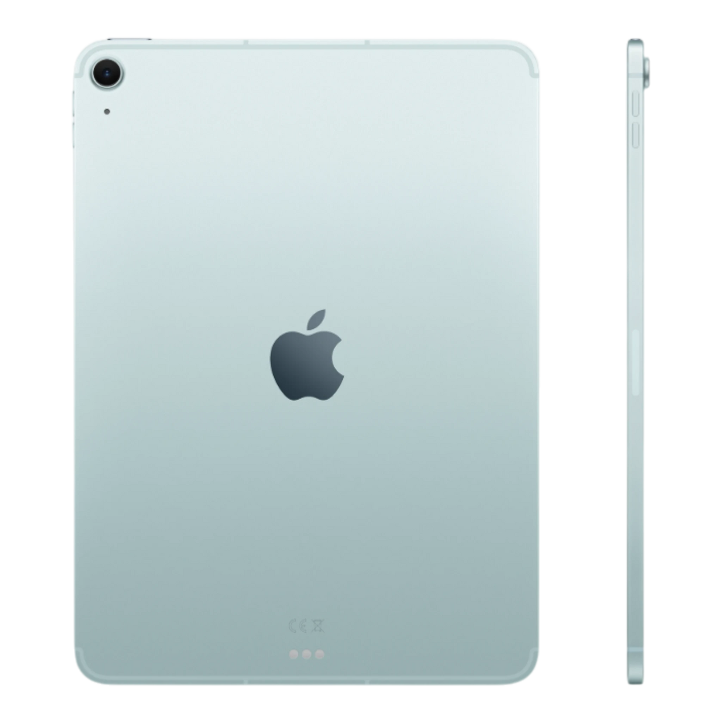 Apple iPad Air in blue, displaying rear and side view with logo and ports visible.