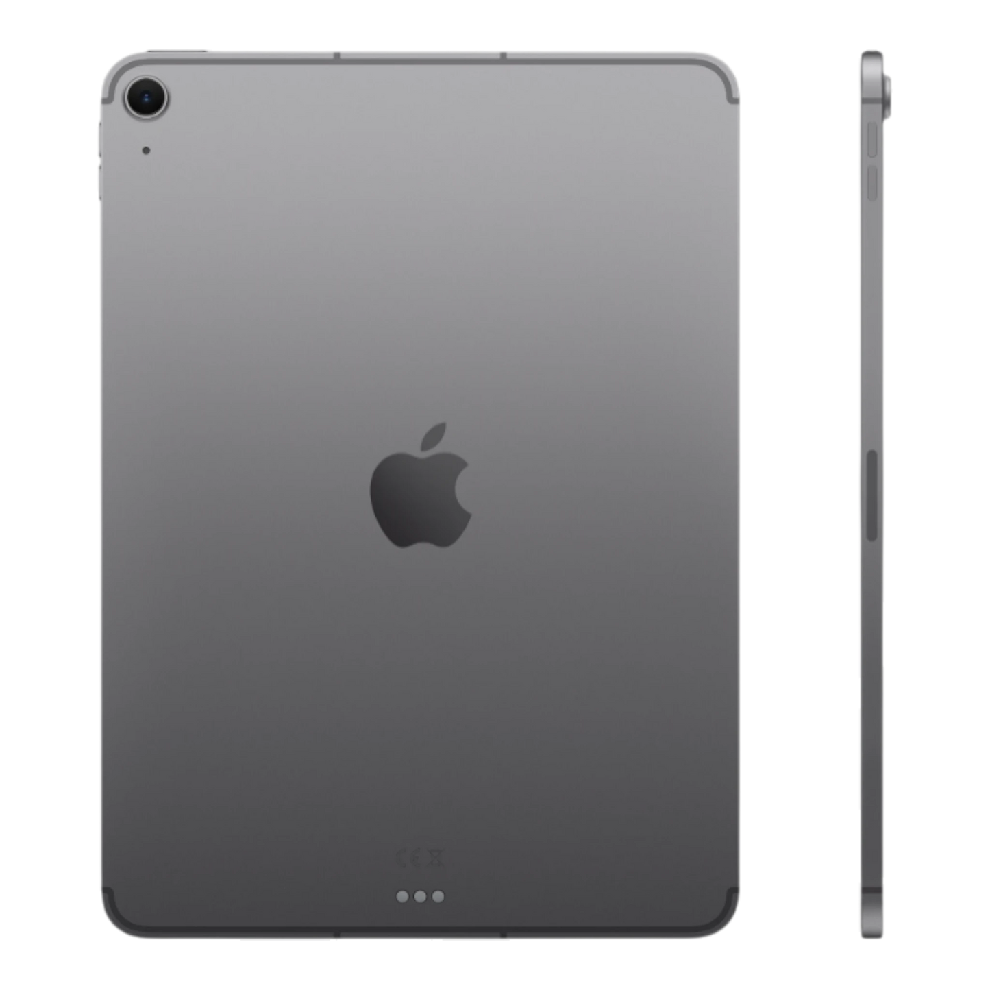 iPad Air in space gray, showcasing the back and side profile with the Apple logo prominently displayed.