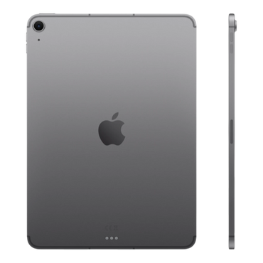iPad Air in space gray, showcasing the back and side profile with the Apple logo prominently displayed.