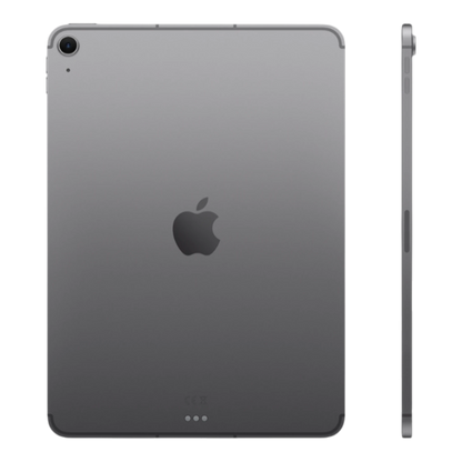 iPad Air in space gray, showcasing the back and side profile with the Apple logo prominently displayed.