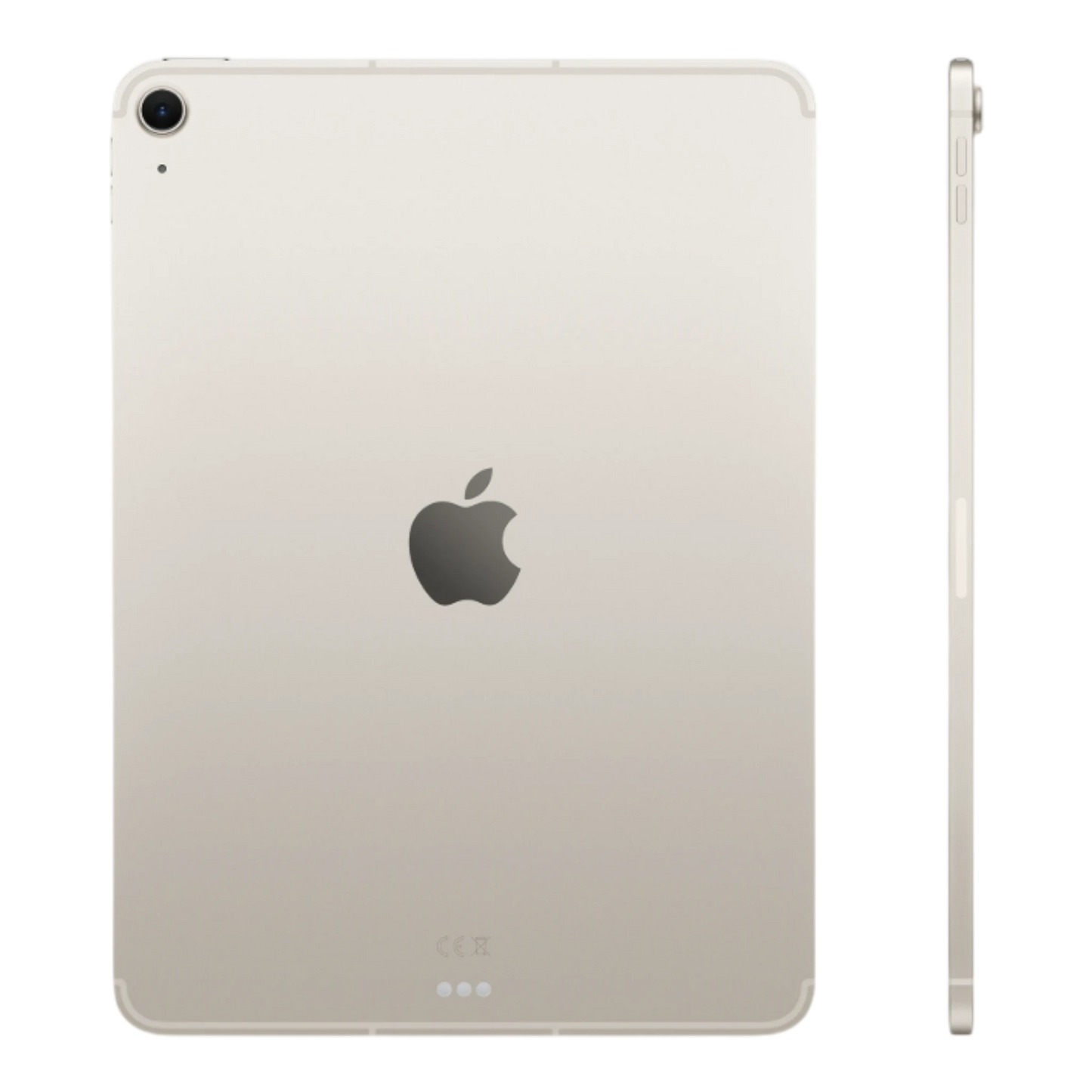 iPad Air in Starlight with Apple logo, showcasing back and side view.