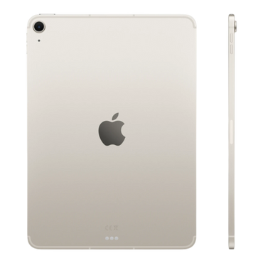 iPad Air in Starlight with Apple logo, showcasing back and side view.