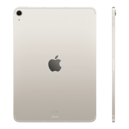 iPad Air in Starlight with Apple logo, showcasing back and side view.