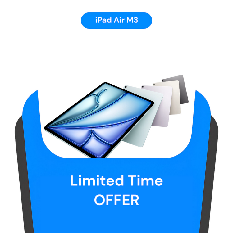 iPad Air M3 with promotional text on a blue background
