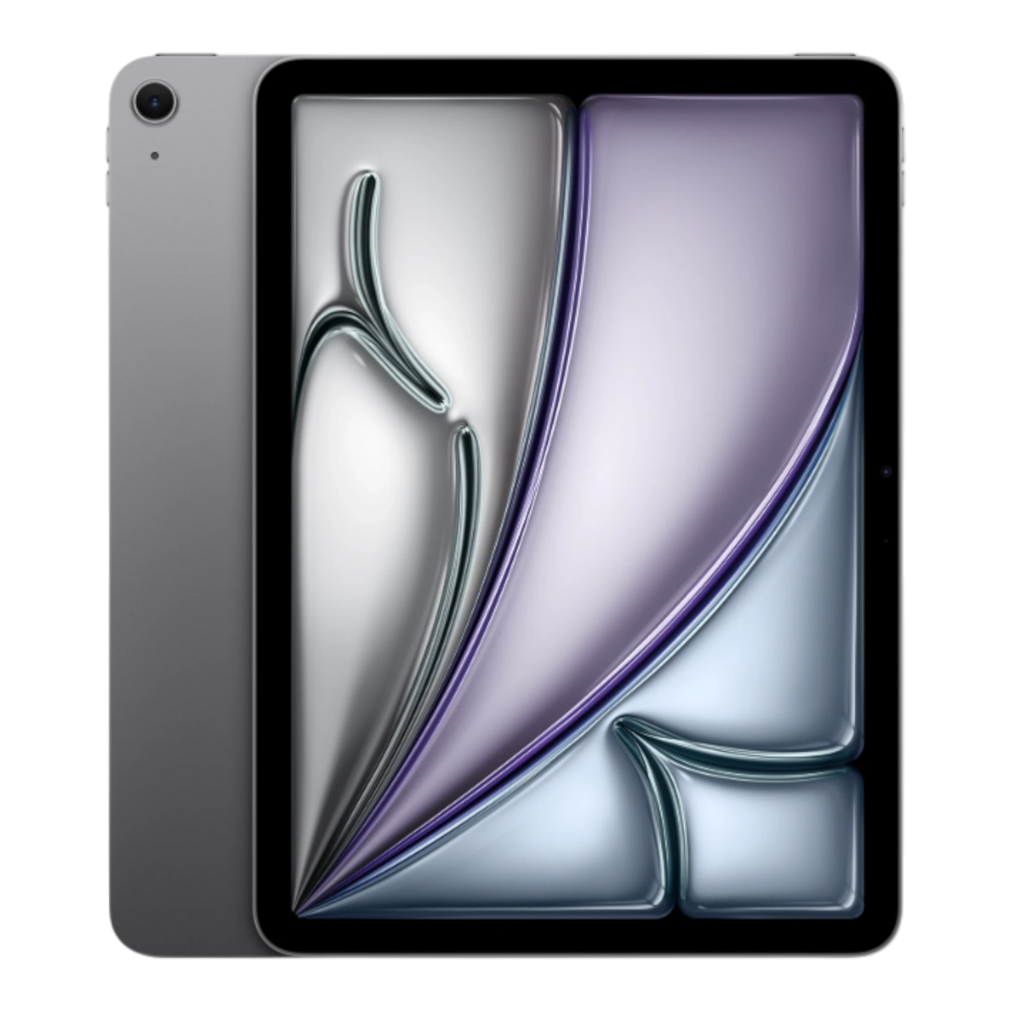 Front view of the Space Gray iPad Air with abstract design on the screen.