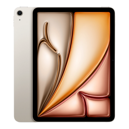 iPad Air Wi-Fi in Starlight color, showcasing its front design with a fluid, abstract wallpaper.