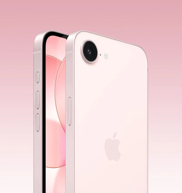 White smartphone with Apple logo on a pink gradient background