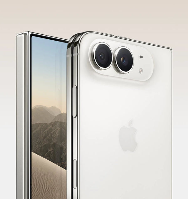 A close-up studio shot of a smartphone showing both the back and side views. The phone has a glossy white back with a large dual-camera module and a visible Apple logo, and the side frame is metallic silver.