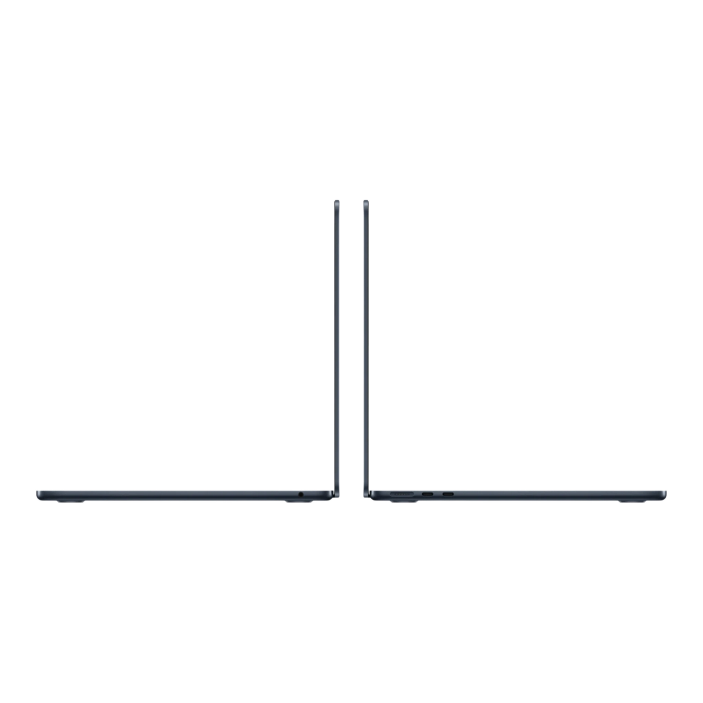 Two MacBook Air laptops with a midnight finish, displayed side by side to show their sleek design.