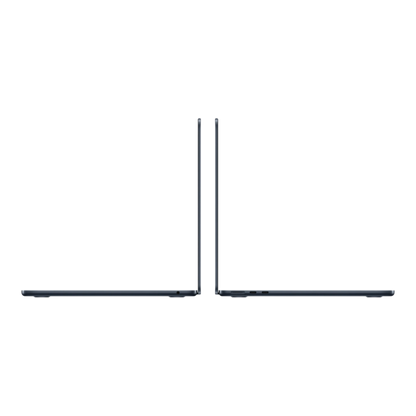 Two MacBook Air laptops with a midnight finish, displayed side by side to show their sleek design.