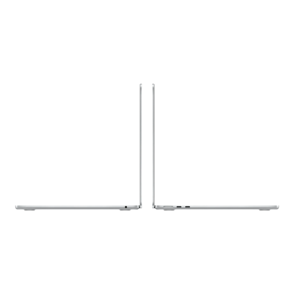 Side view of a silver MacBook Air M5, 13-inch, showcasing its sleek design and ports.