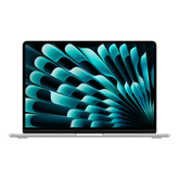 13-inch silver MacBook Air displaying a vibrant, abstract blue and green design on its screen.