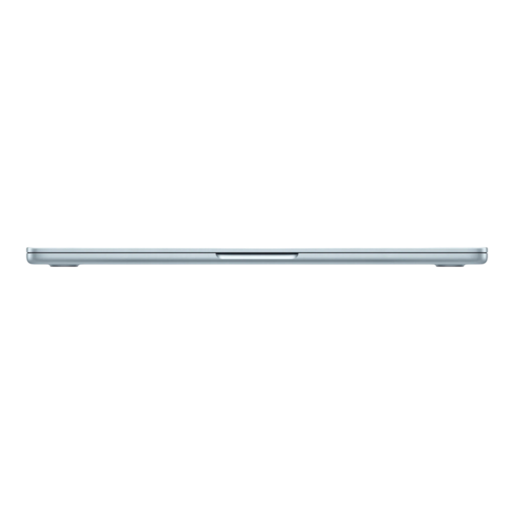 Apple MacBook Air M5, 13-inch, sky blue, showcased from the side with a sleek and slim profile.