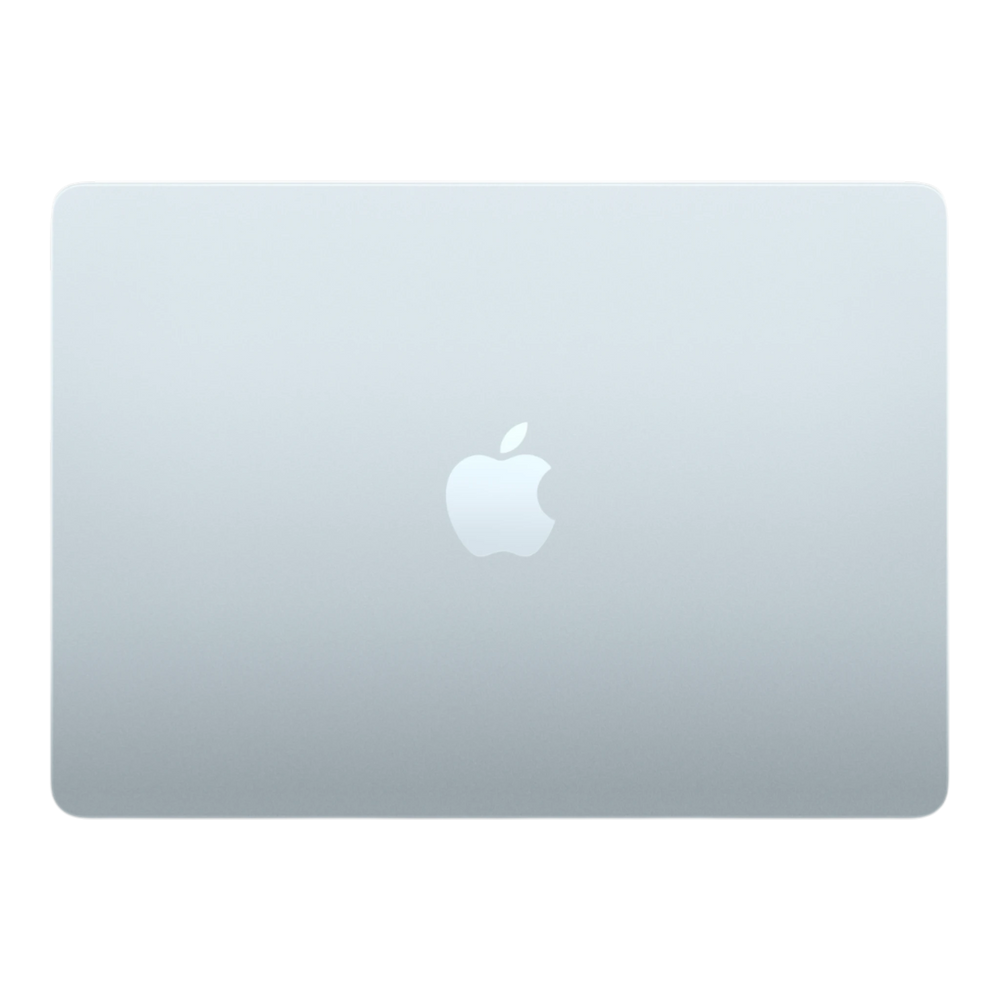 Sky blue MacBook Air 13-inch with Apple logo on the lid, showcasing a sleek and modern design.