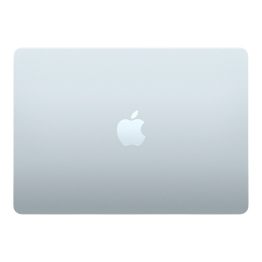 Sky blue MacBook Air 13-inch with Apple logo on the lid, showcasing a sleek and modern design.