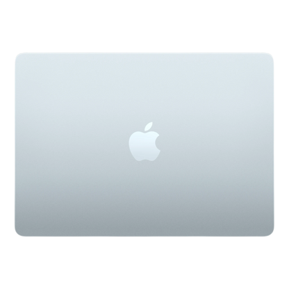 Sky blue MacBook Air 13-inch with Apple logo on the lid, showcasing a sleek and modern design.