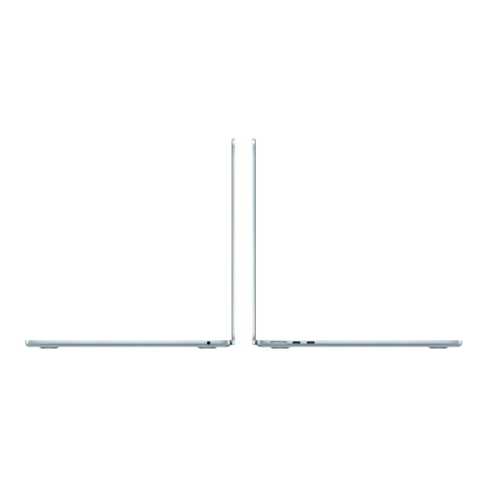 Two MacBook Air laptops in sky blue, viewed from the side, showcasing their slim profiles.