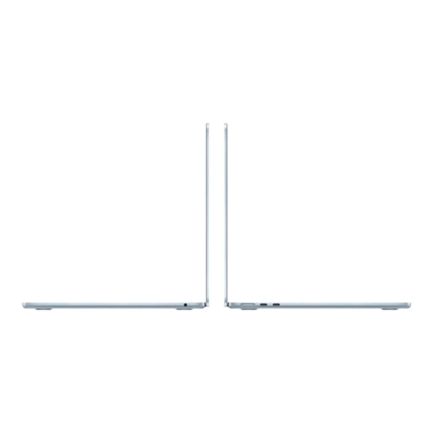 Two MacBook Air laptops in sky blue, viewed from the side, showcasing their slim profiles.