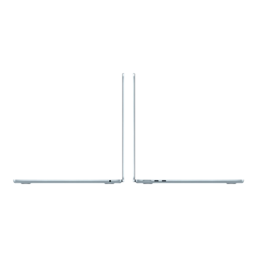 Two MacBook Air laptops in sky blue, viewed from the side, showcasing their slim profiles.