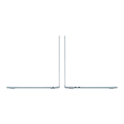 Two MacBook Air laptops in sky blue, viewed from the side, showcasing their slim profiles.