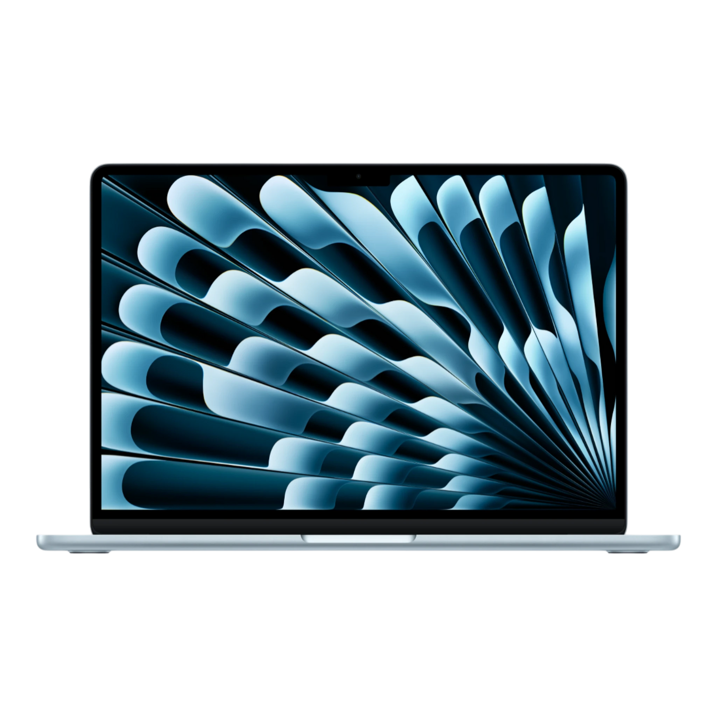 13-inch Sky Blue MacBook Air displaying a sleek geometric design on its screen.