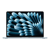 13-inch Sky Blue MacBook Air displaying a sleek geometric design on its screen.