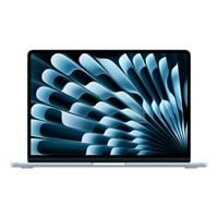 13-inch Sky Blue MacBook Air displaying a sleek geometric design on its screen.
