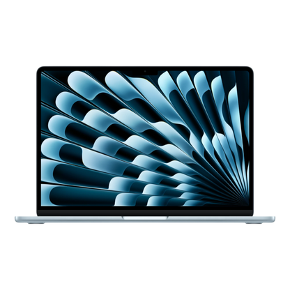13-inch Sky Blue MacBook Air displaying a sleek geometric design on its screen.